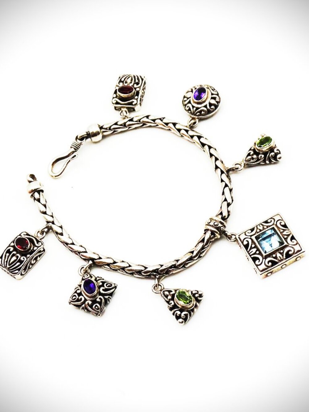VINTAGE Sterling Silver Topaz Peridot Garnet Amethyst Charms Bracelet - Picture 5 of 15